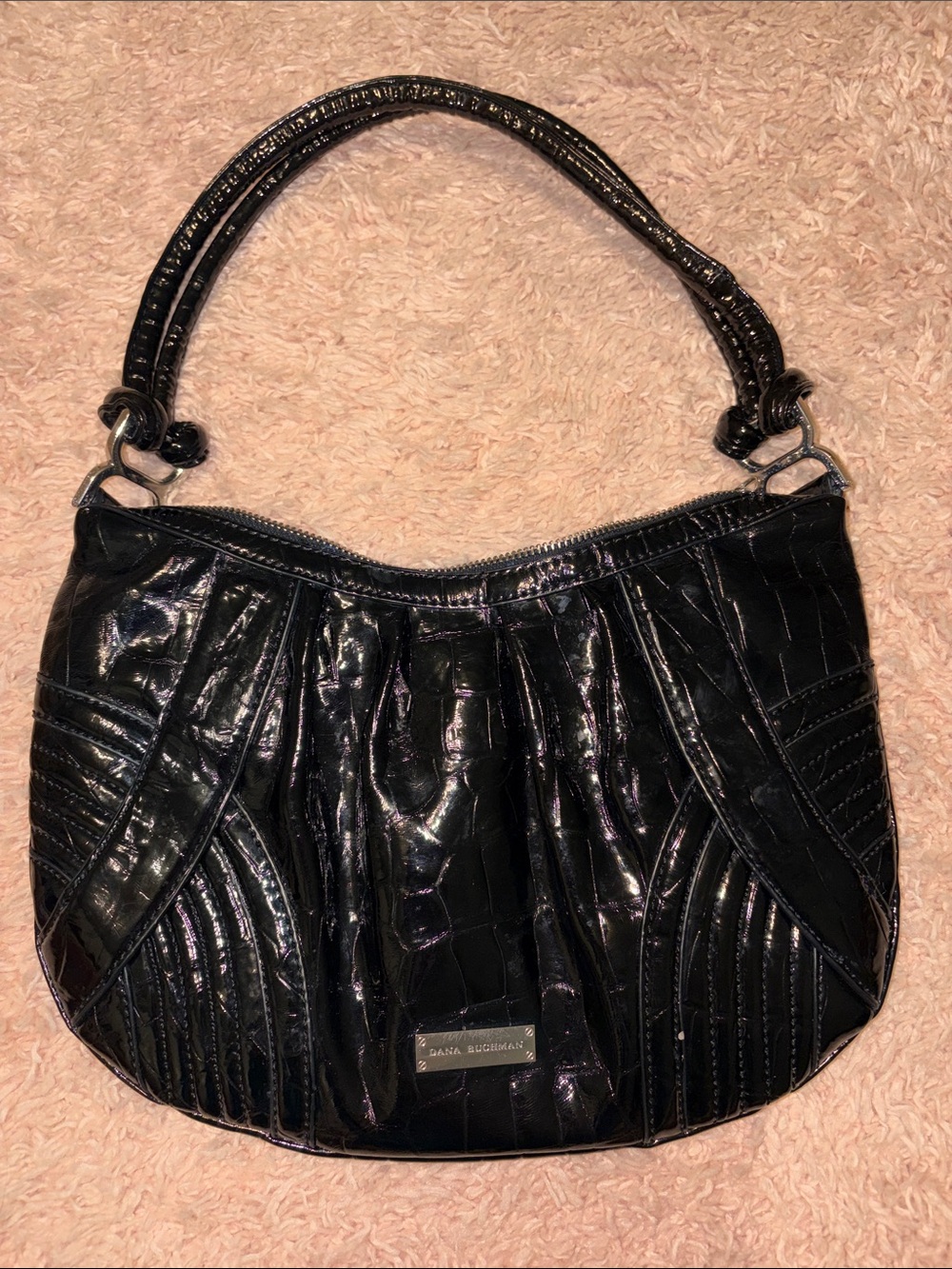 Dana Bachman Black Patent Leather Croc Embossed Purse Handbag Silver Hardware